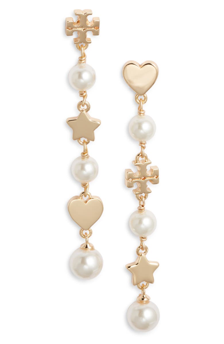 Tory Burch Kira Faux Pearl Linear Earrings, Main, color, Tory Gold / Pearl