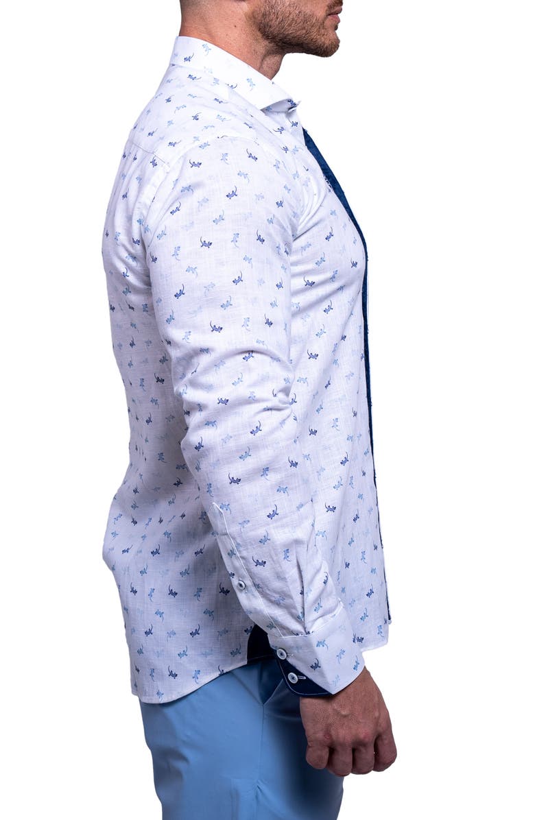 Maceoo Einstein Resistance Contemporary Fit Lizard Print Linen & Cotton Button-Up Shirt, Alternate, color, White