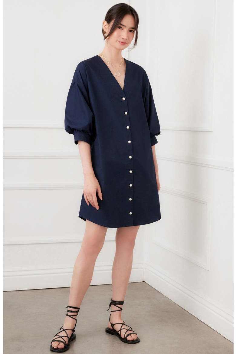 Puff Sleeve Pearly Button Dress, Alternate, color, NAVY