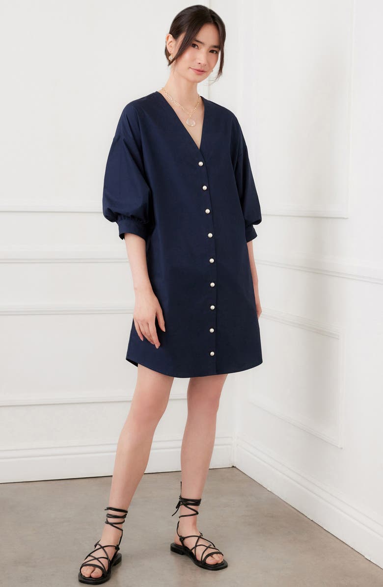 Karen Kane Puff Sleeve Pearly Button Dress, Alternate, color, Navy