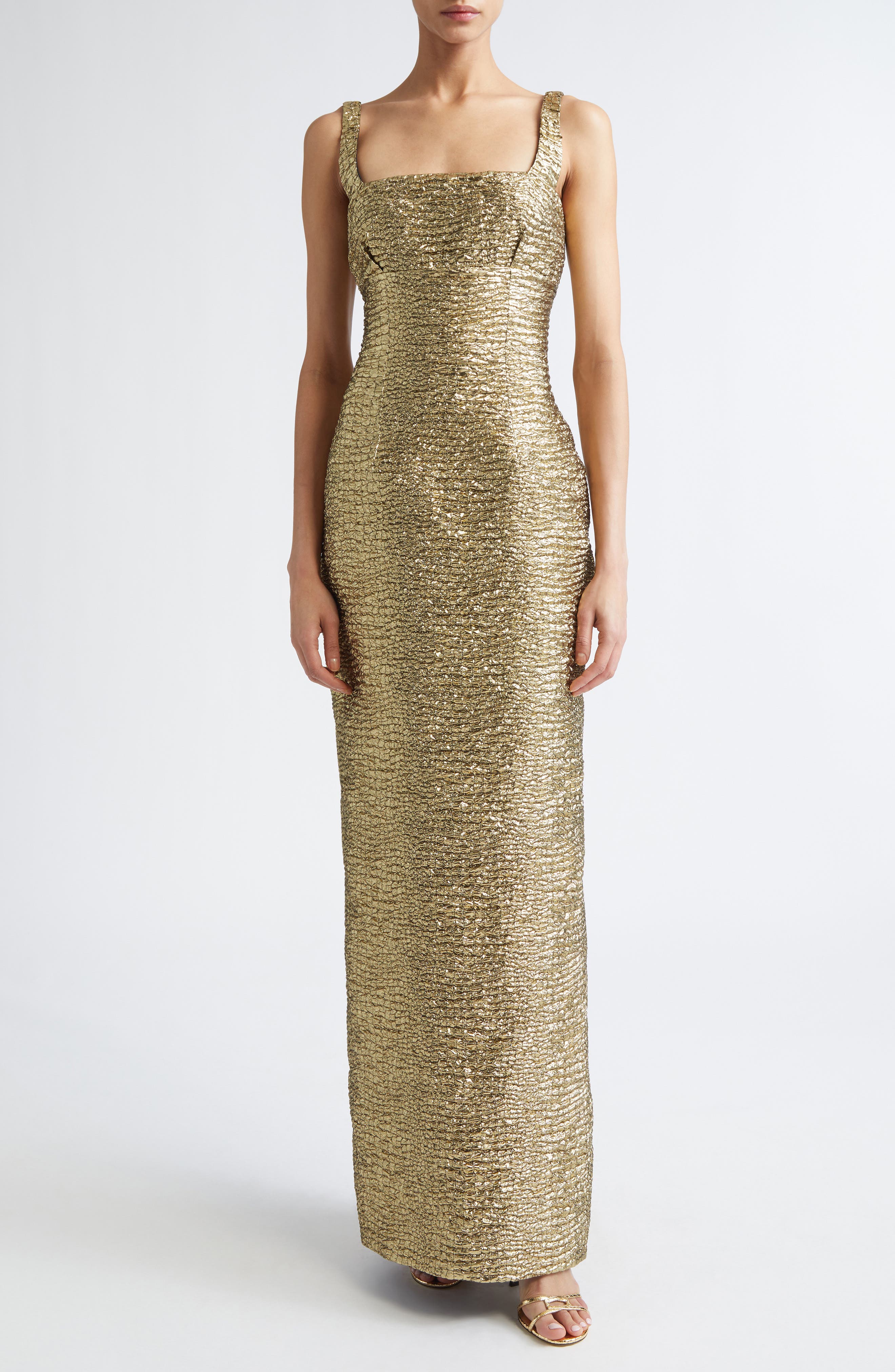 Micheline Metallic Seersucker Column Gown