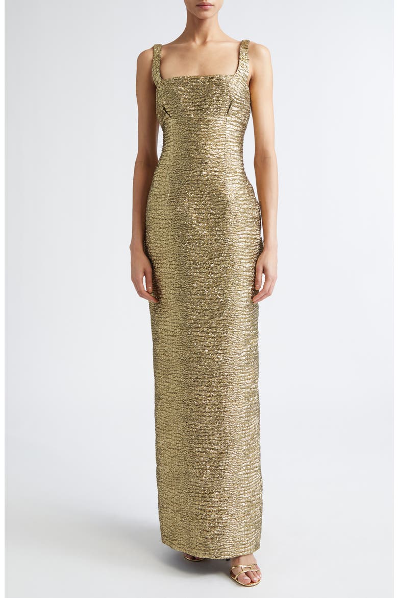 Micheline Metallic Seersucker Column Gown, Main, color, GOLD