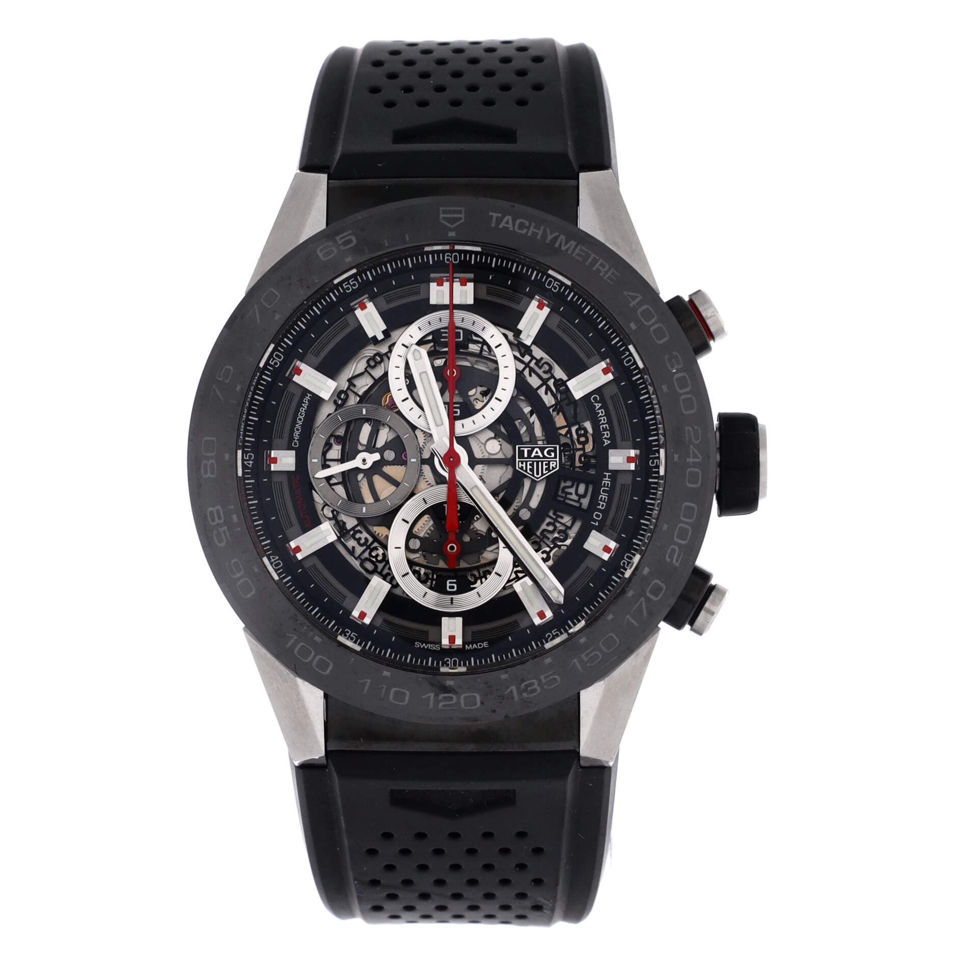 Carrera Calibre Heuer 01 Skeleton Chronograph Automatic Watch Stainless Steel with PVD and Rubber 45, Main, color, Black