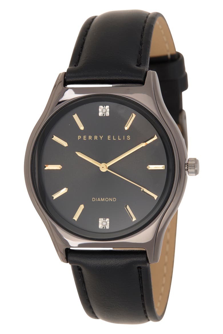 Diamond Slim Faux Leather Strap Watch, 41mm, Main, color, GUNMETAL