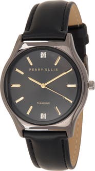 Perry Ellis Diamond Slim Faux Leather Strap Watch, 41mm