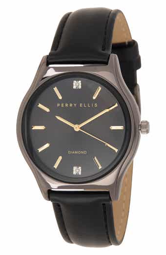 Perry Ellis Diamond Slim Faux Leather Strap Watch, 41mm