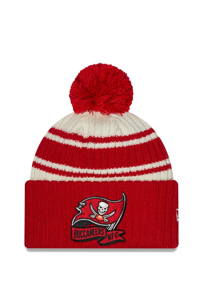 Men's New Era Cream/Red Tampa Bay Buccaneers 2022 Sideline Sport Cuffed Pom Knit Hat, Main, color, Cream