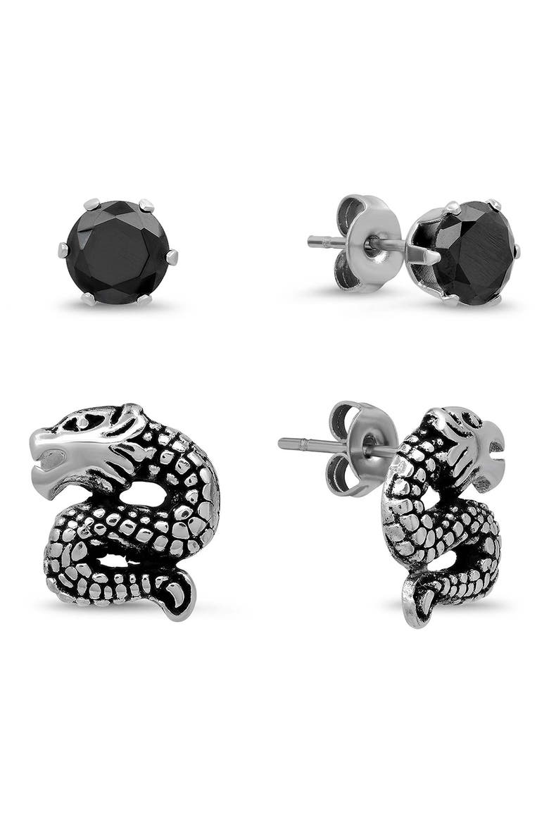 Men's Dragon Stud Earrings, Main, color, BLACK