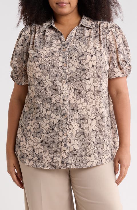 Scrunched Short Sleeve Button-Up Shirt (Plus)