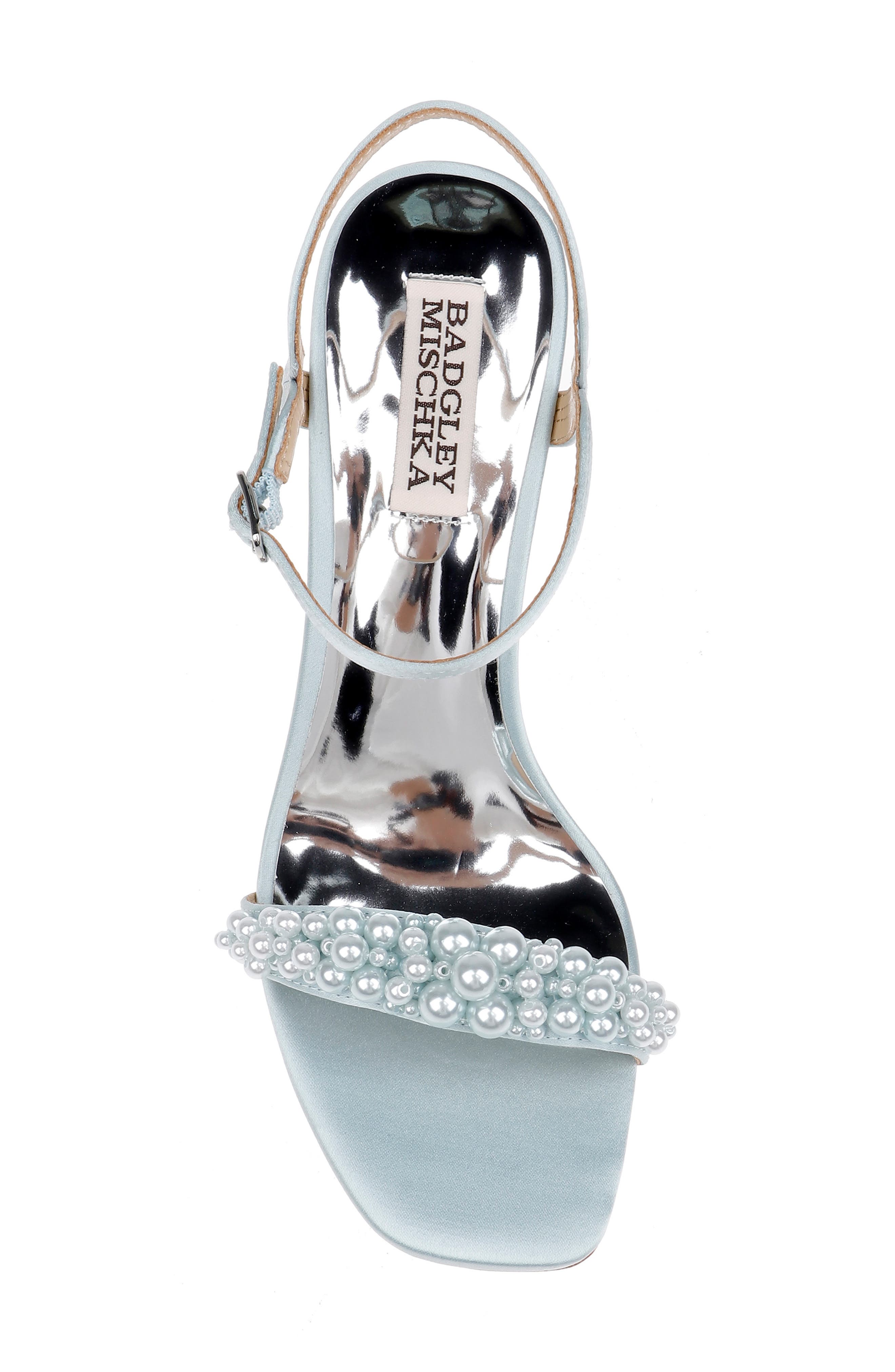 BADGLEY MISCHKA Caitlyn Metallic Satin Sandal, Alternate, color, Mist St