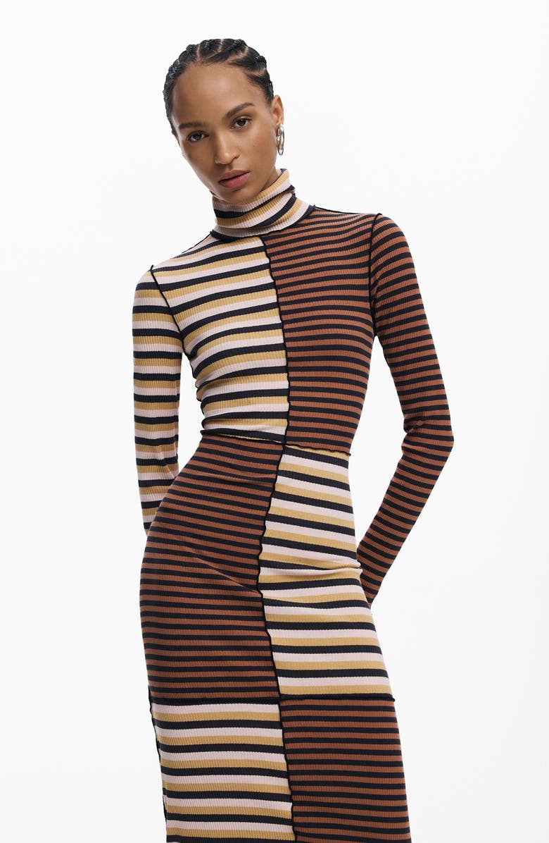 Desigual Colorblock Stripe Rib Turtleneck Long Sleeve Dress, Alternate, color, Brown