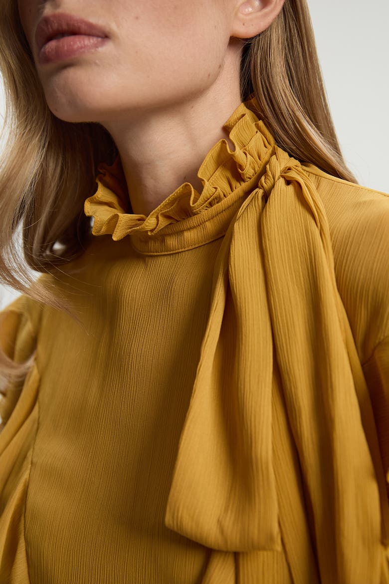 Georgette Ruffle Woven Pussybow Blouse, Alternate, color, Ochre