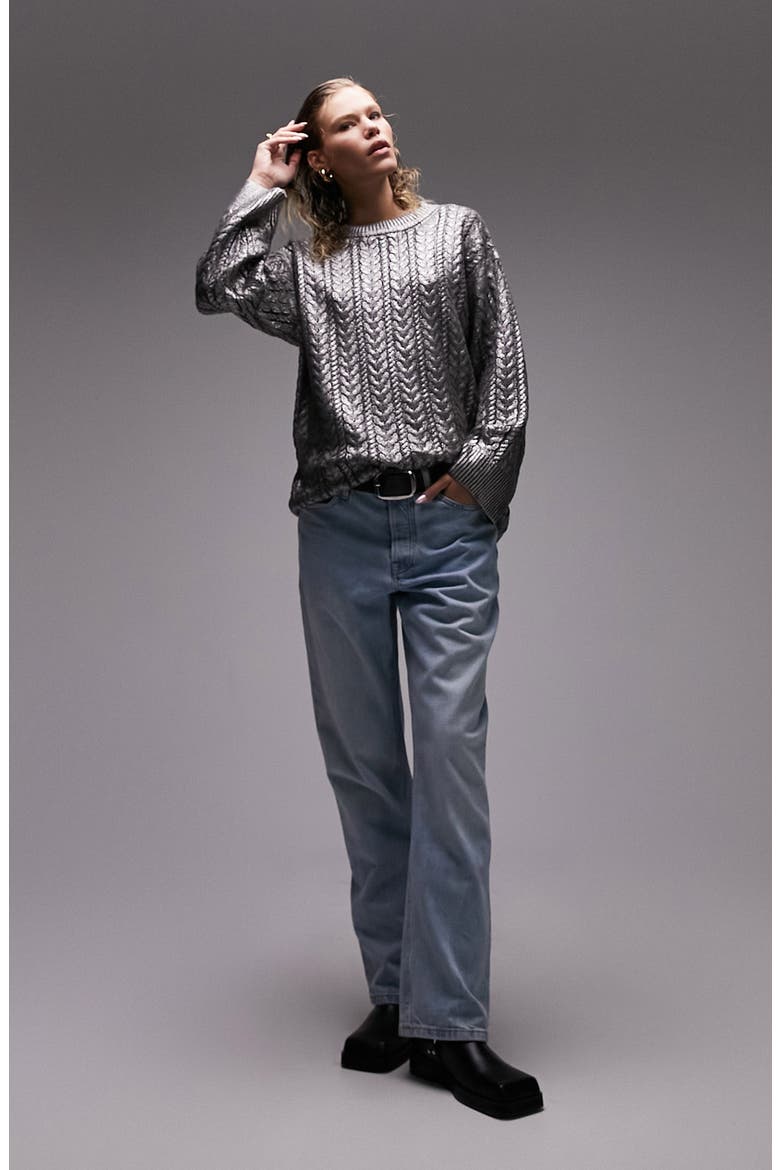 Metallic Cable Stitch Sweater, Alternate, color, SILVER