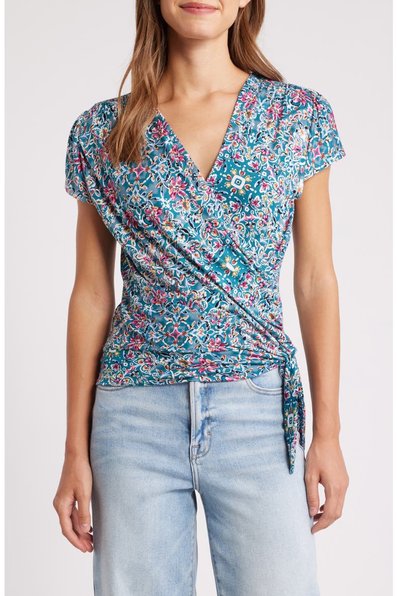 Print Wrap Top, Main, color, TEAL ROSE