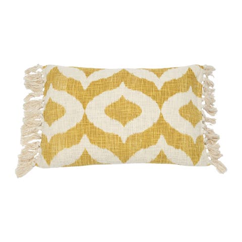 Cotton Slub Lumbar Pillow with Ikat Pattern and Tassels