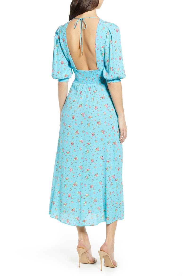 Print Smocked Waist Midi Dress, Alternate, color, BLUE ROSETTE