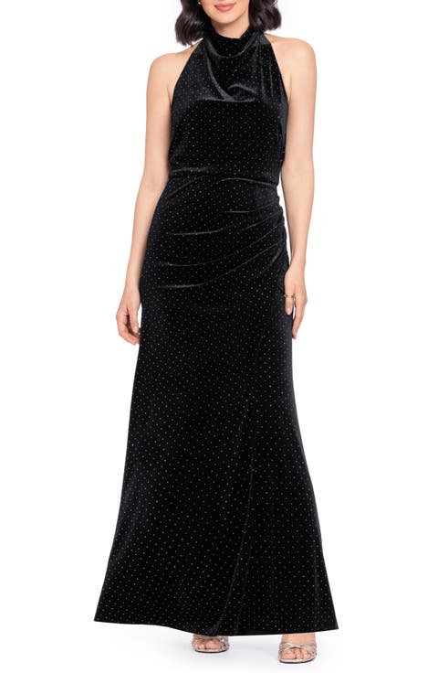 Studded Stretch Velvet Halter Gown
