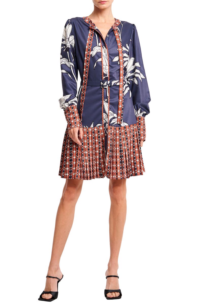 CIEBON Edda Pleated Tie Neck Long Sleeve Satin Minidress, Main, color, Navy Multi