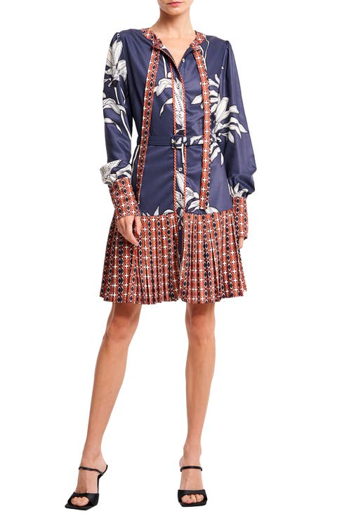 Edda Pleated Tie Neck Long Sleeve Satin Minidress