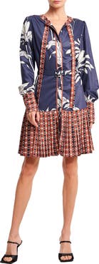 CIEBON Edda Pleated Tie Neck Long Sleeve Satin Minidress