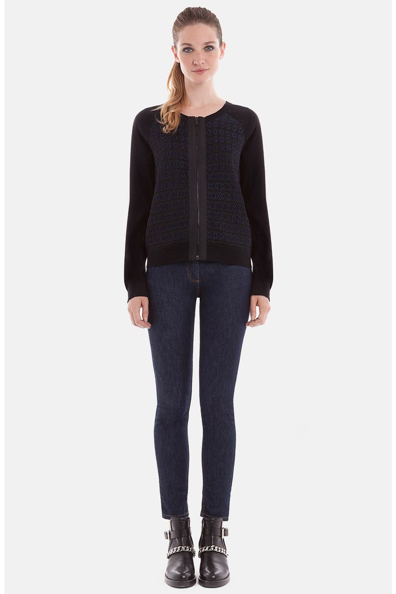 'Gazouilli' Jacquard Front Merino Wool Cardigan, Main, color, NOIR