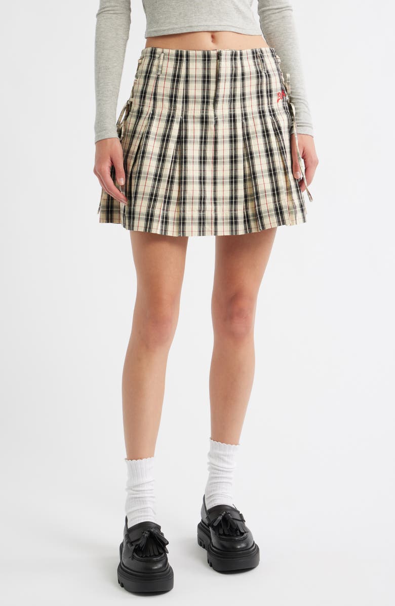 Damson Madder Moffy Plaid Pleated Organic Cotton Miniskirt, Main, color, Butter