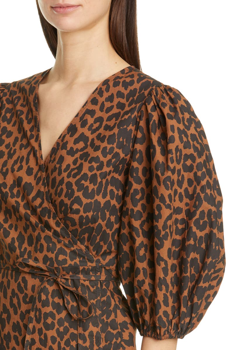 Ganni Leopard Print Balloon Sleeve Organic Cotton Wrap Top, Alternate, color, 