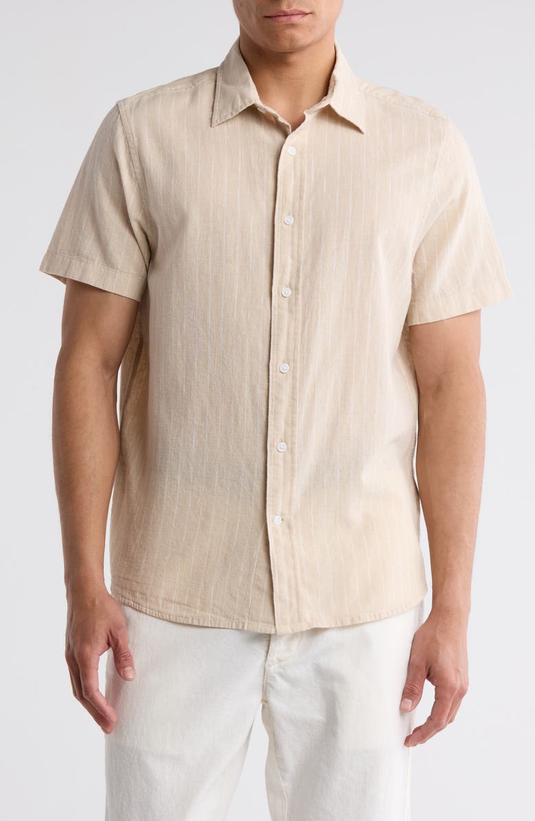 14th & Union Short Sleeve Yarn Dyed Stripe Linen & Cotton Button-Up Shirt, Main, color, Grey Moonbeam Union Stripe