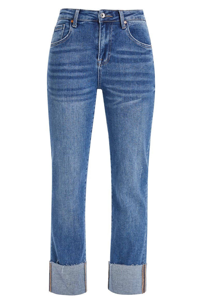 High Waist Cuffed Raw Hem Straight Leg Jeans, Alternate, color, SURF BLUE