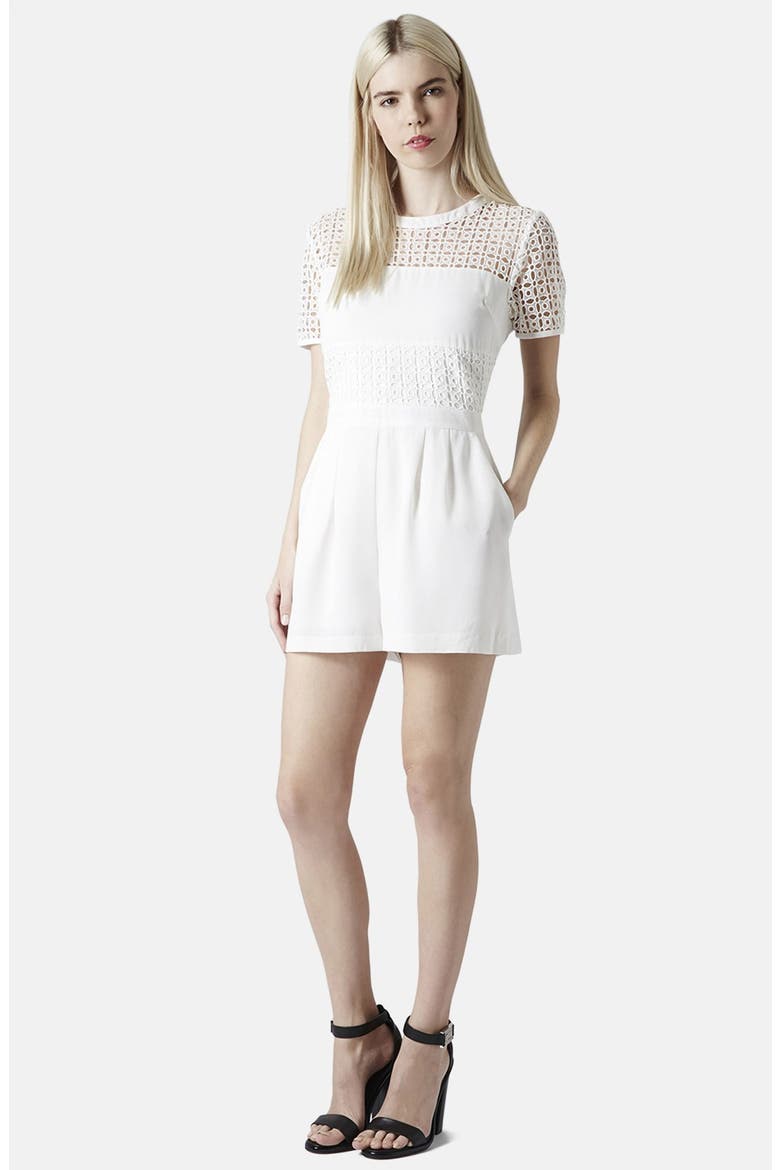 Eyelet Panel Short Sleeve Romper, Alternate, color, WHITE