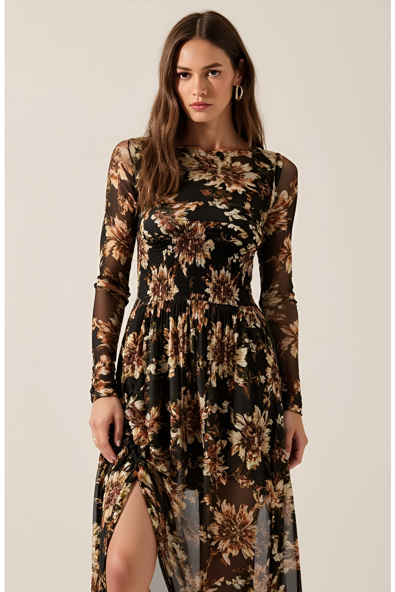Floral Mesh Midi Dress with Contour Bodice, Alternate, color, Floral Mesh