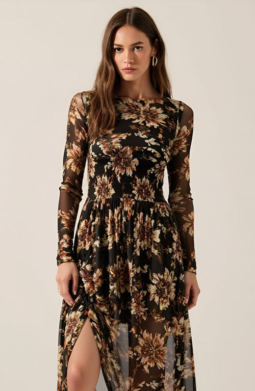 Modenaire Floral Mesh Midi Dress With Contour Bodice In Multi