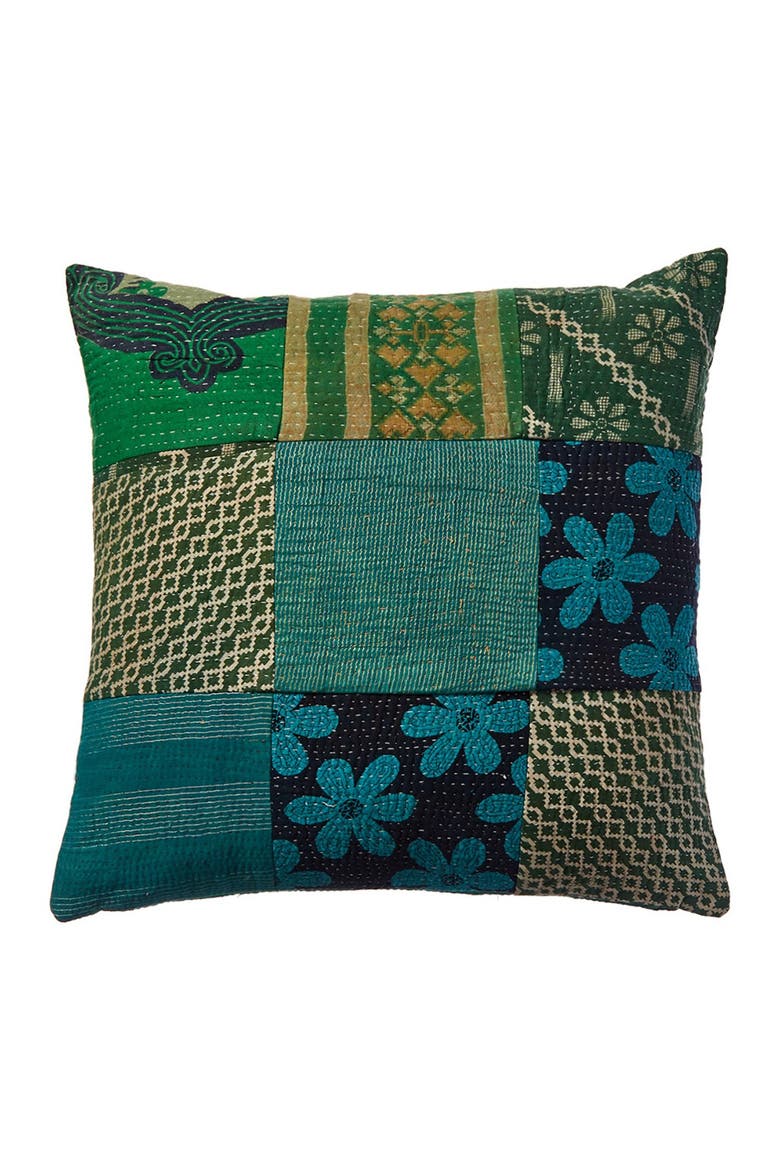 Tic Tac Toe One Of a Kind Overdye Kantha Decor Pillow Cover, Main, color, GREEN