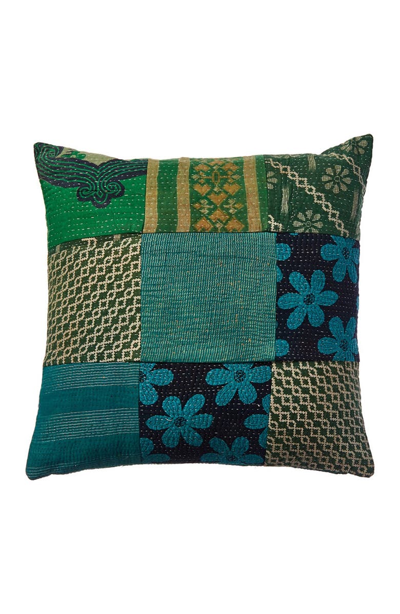 MELANGE HOME Tic Tac Toe One Of a Kind Overdye Kantha Decor Pillow Cover, Main, color, Green