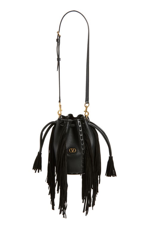 Valentino Garavani Small Nellcôte Fringed Leather Bucket Bag In Black