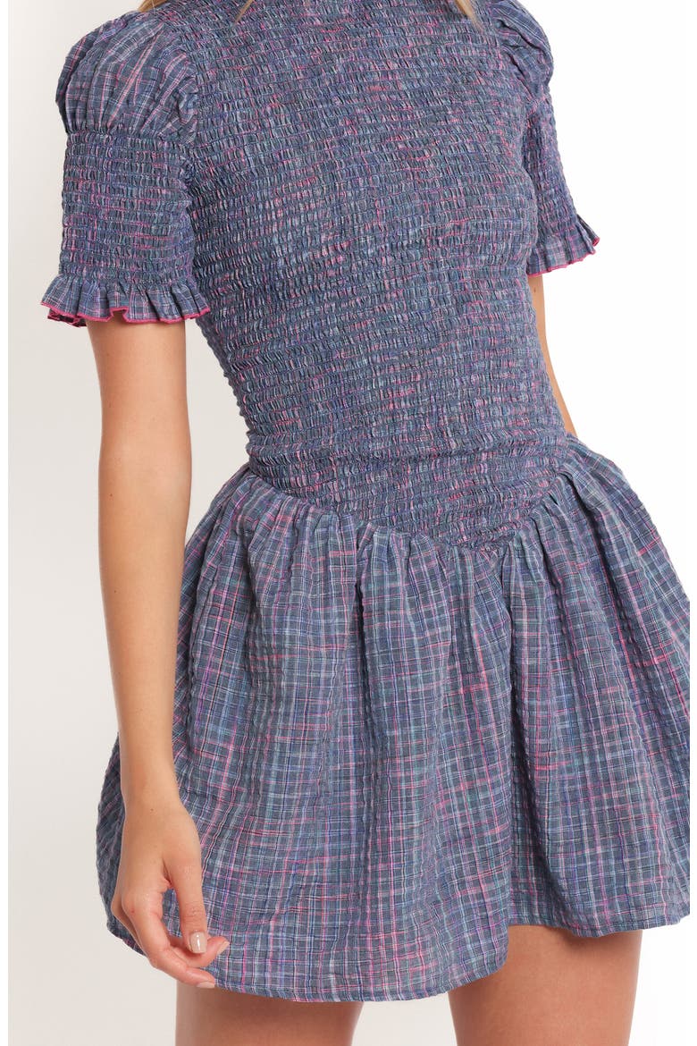 Celine Check Puff Sleeve Fit & Flare Minidress, Alternate, color, NAVY PLAID