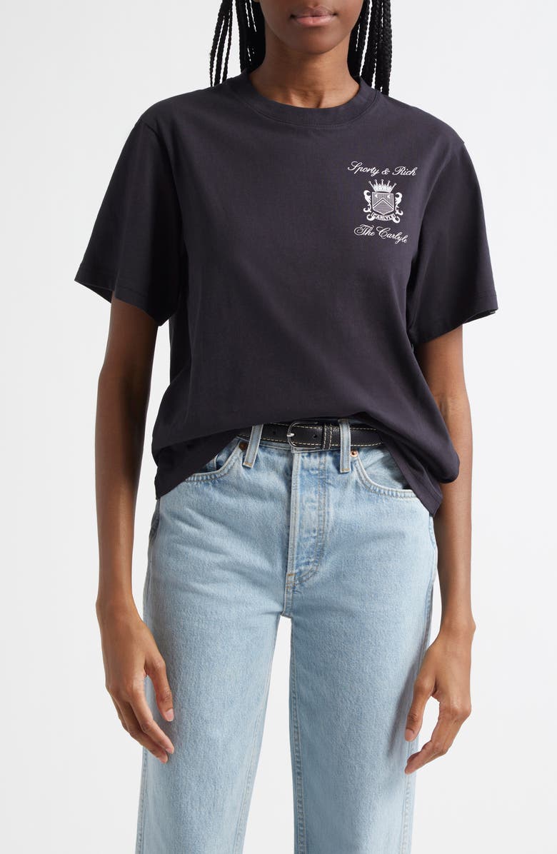 Sporty & Rich x The Carlyle Crest Cotton Graphic T-Shirt, Main, color, Black