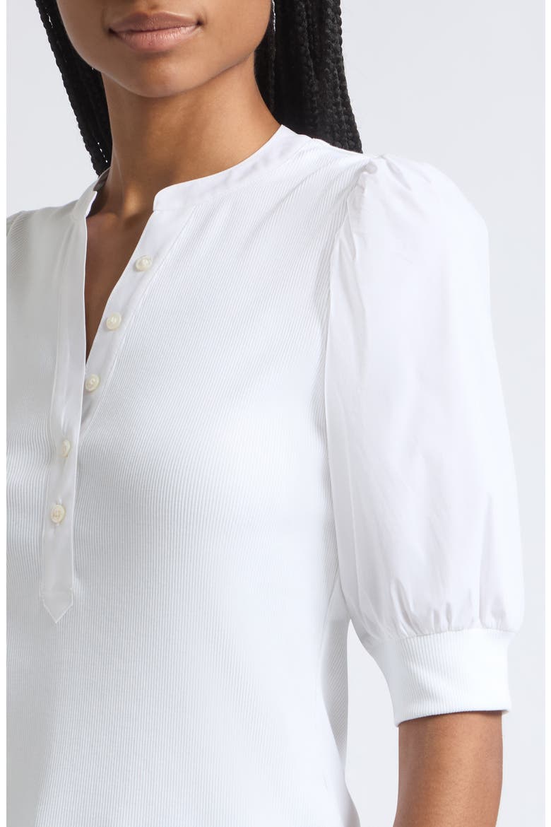 Coralee Puff Sleeve Mixed Media Henley Top, Alternate, color, WHITE
