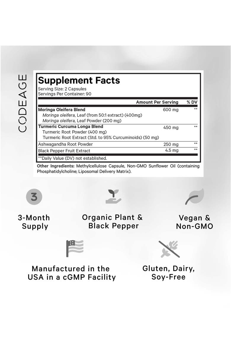 Codeage Liposomal Moringa + Turmeric & Ashwagandha Supplement, Alternate, color, White