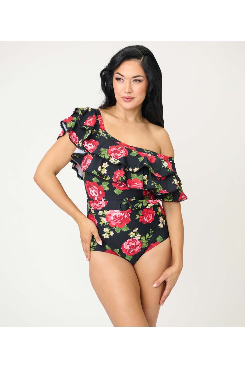 Off Shoulder Nantucket Swimsuit, Main, color, Black Cabbage Rose Print