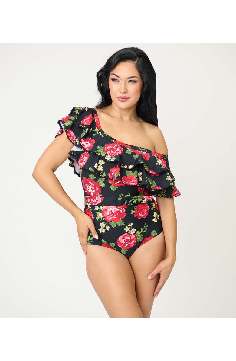 Unique Vintage Off Shoulder Nantucket Swimsuit, Main, color, Black Cabbage Rose Print