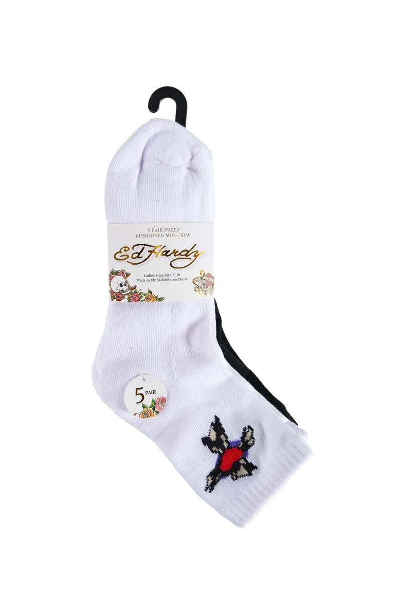 Ed Hardy Flower Heart Print Half Cushion Mid Crew Sock 5-Pack, Alternate, color, White Multi