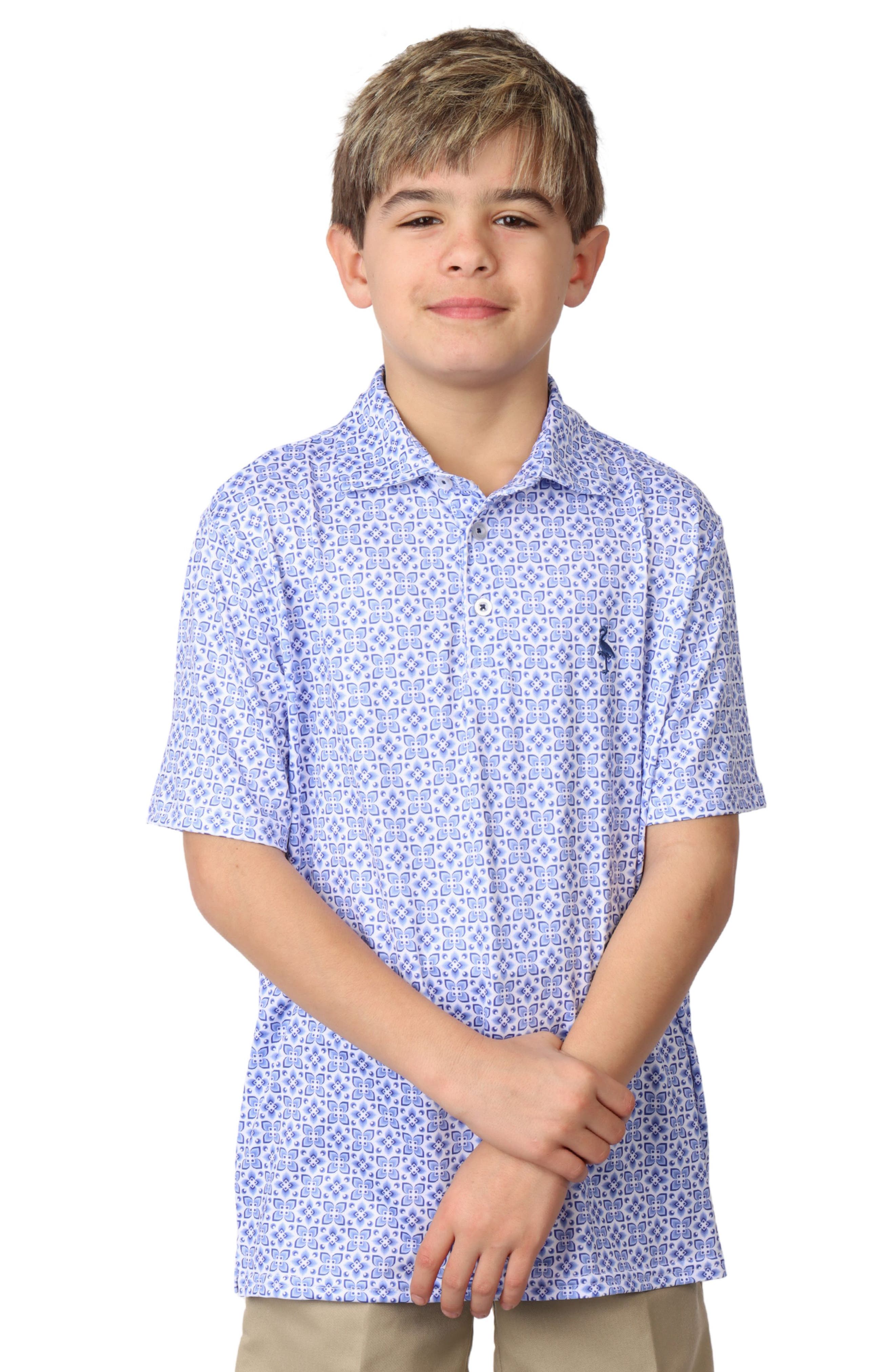 TailorByrd Kids' Floral Tile Print Performance Knit Polo