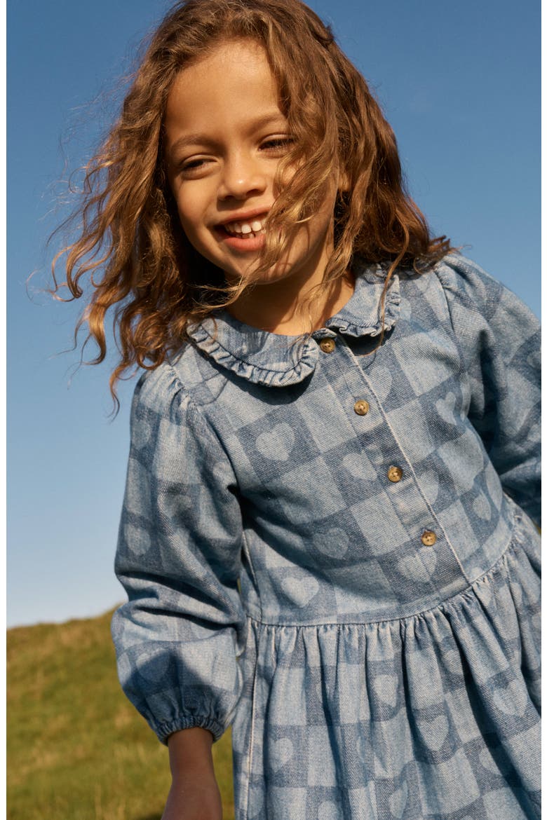 Kids' Heart Checks Print Long Sleeve Denim Shirtdress, Alternate, color, DENIM HEART STAMP