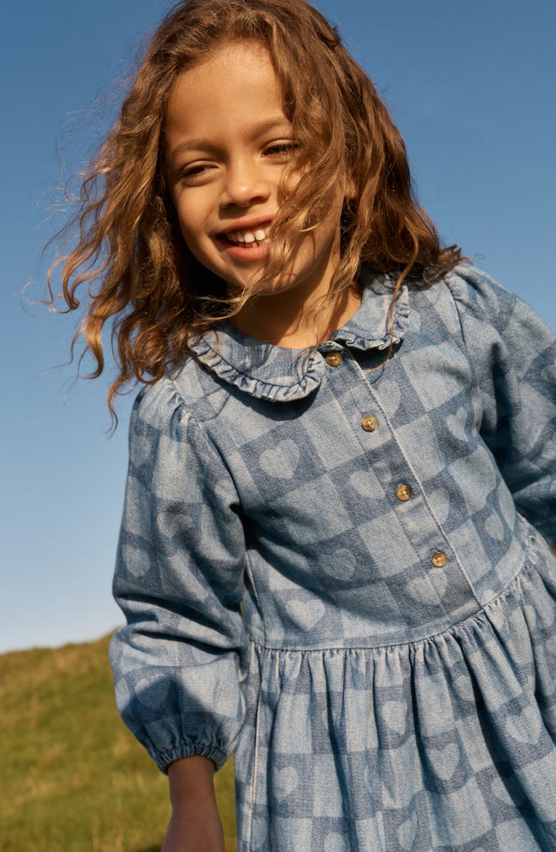 Mini Boden Kids' Heart Checks Print Long Sleeve Denim Shirtdress, Alternate, color, Denim Heart Stamp