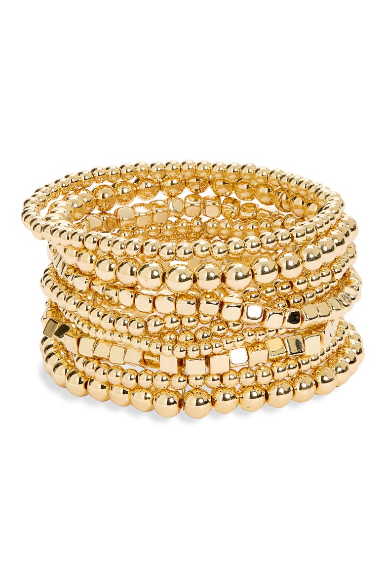 Set of 9 Metallic Beaded Stretch Bracelets, Alternate, color, GOLD
