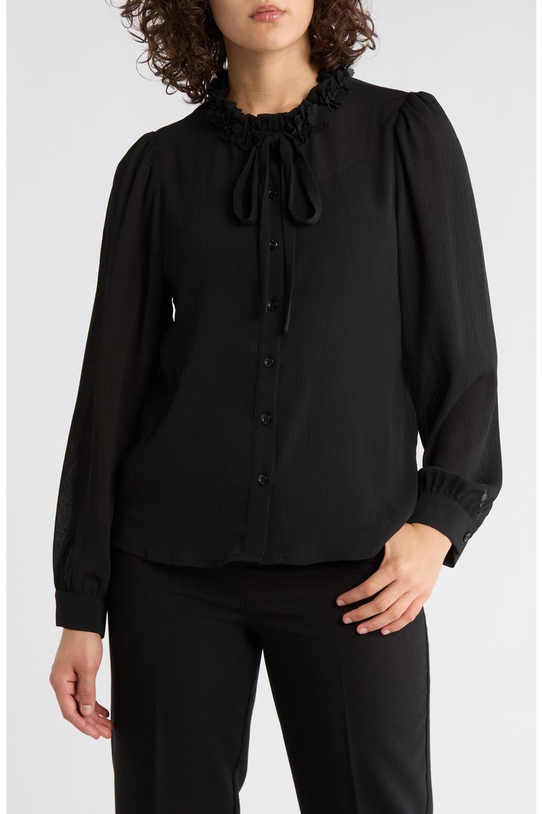 Flower Tie Neck Button-Up Shirt, Main, color, BLACK
