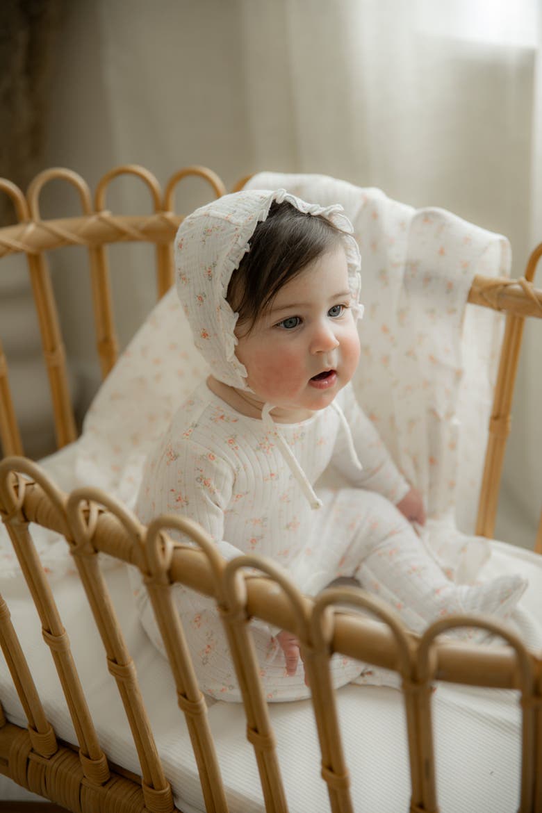 Floral Pointelle Romper with Bonnet, Alternate, color, White