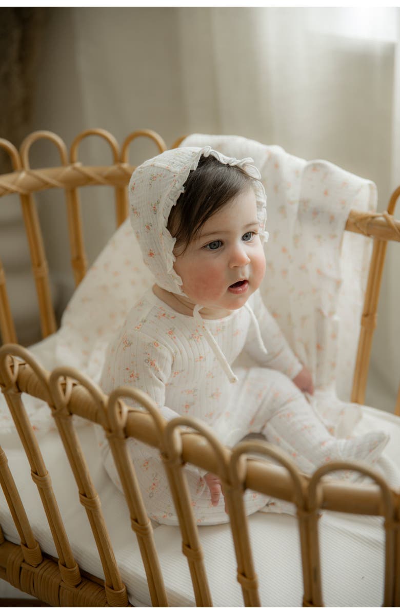 Space Grey Floral Pointelle Romper with Bonnet, Alternate, color, White
