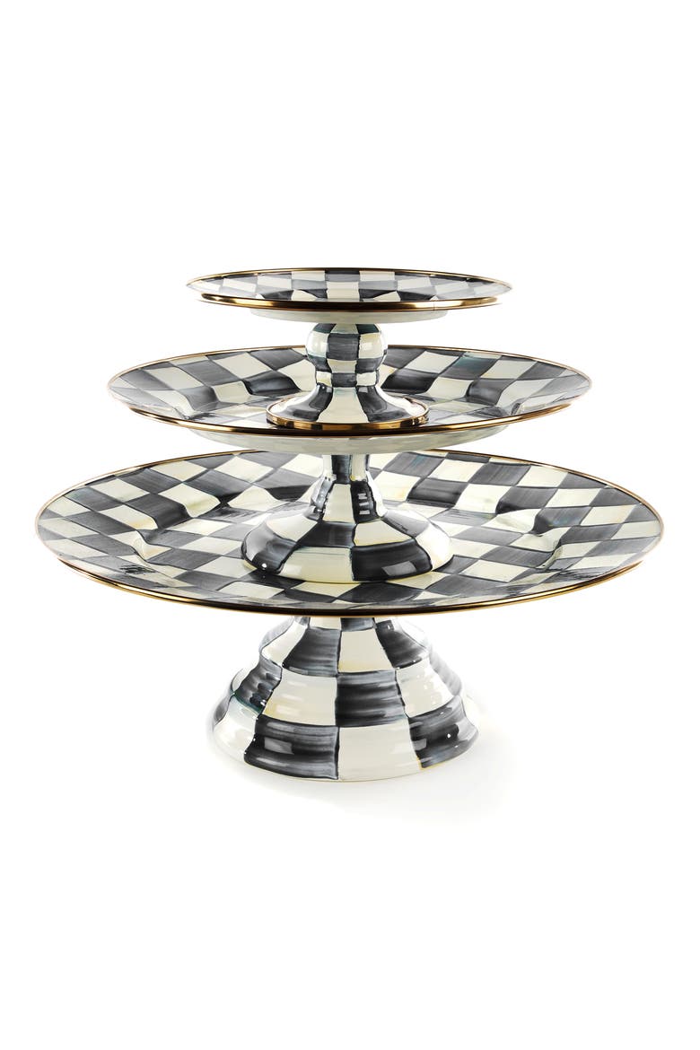 Courtly Check Set of 3 Enameled Steel Pedestal Platters, Main, color, BLACK/ WHITE